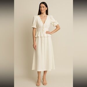 Jill Stuart Cream V-Neck Puff Sleeve Midi Dress